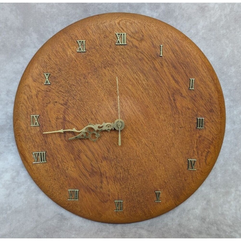Vintage Teak Wall Clock Retro Handmade 80s Wood Shop Lathe Project Brown
